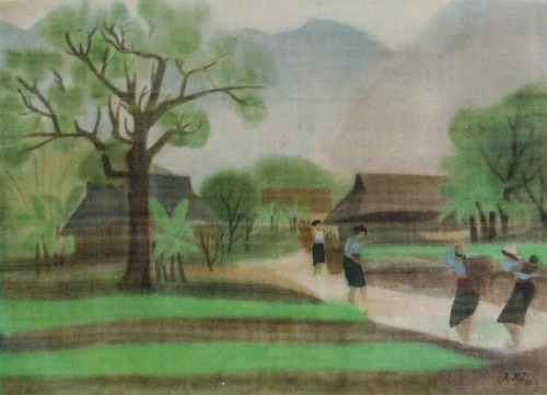 Vietnamese silk painting about a mountainous village